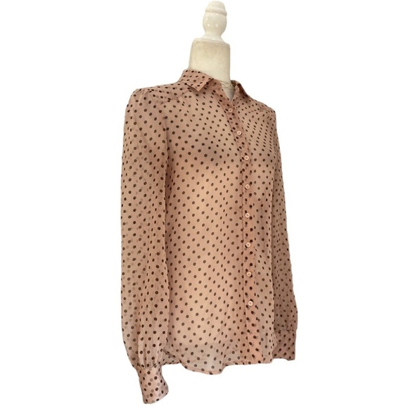 REISS Blouse Semi Sheer Button Front Polka Dot Blouse in Blush and Black - Picture 4 of 10